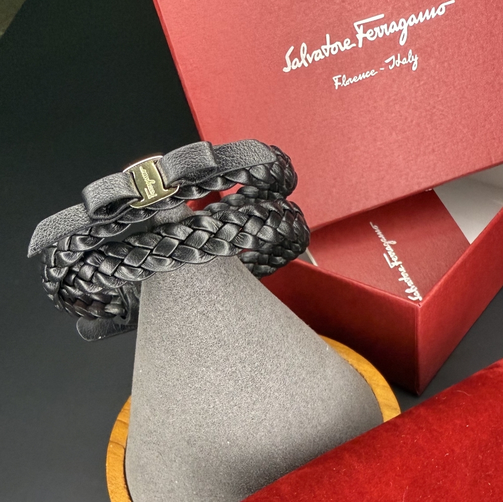 Salvatore Ferragamo Black Braided Leather Bracelet